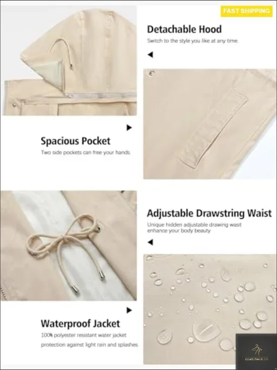 Lightweight Waterproof Trench Coat Rain Jacket Packable Windbreaker Chic Classic - Picture 5 of 7